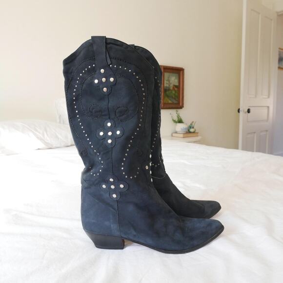 vintage cowboy boot Italian made navy suede leather studded embroidered - Picture 1 of 10